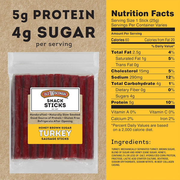 Old Wisconsin Honey Brown Sugar Turkey Sausage Snack Sticks, Naturally Smoked, Ready to Eat, High Protein, Low Carb, Keto, Gluten Free, 28 Ounce