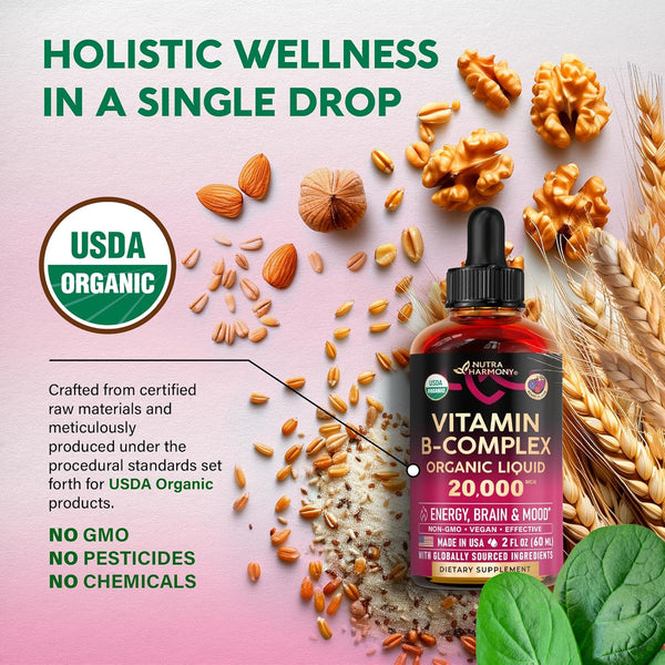 USDA Organic Vitamin B-Complex B5 Pantothenic Acid | B12 Methylcobalamin | B1 Thiamine | B6 Pyridoxine | B7 Biotin | B9 Folic | B3 Niacinamide - B