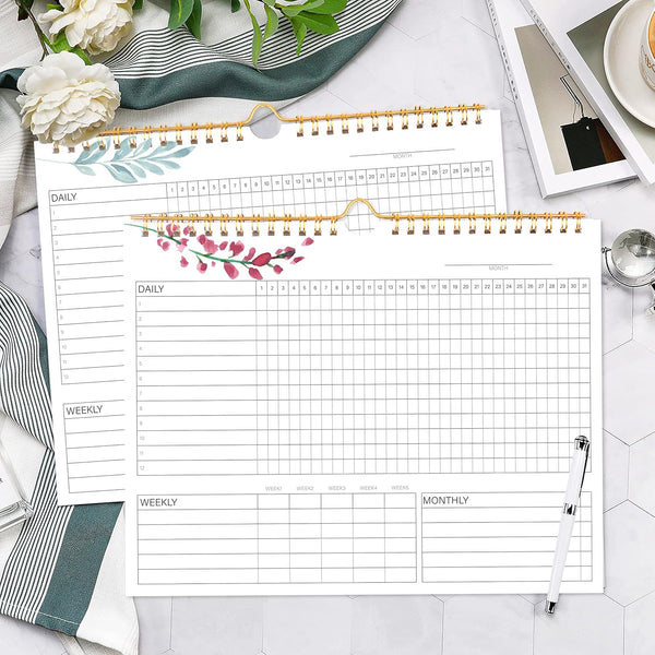 Habit Tracker Calendar- 12 Months Undated Daily Weekly & Monthly Period Habit Tracker Journal, Greenery Floral, Spiral Binding with Writable Goals