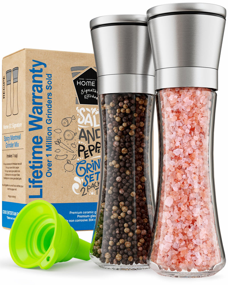 Home EC Premium Stainless Steel Sea Salt and Pepper Grinder Set of 2 - Adjustable Ceramic - Tall Glass Salt and Pepper Shakers - Kitchen Spice