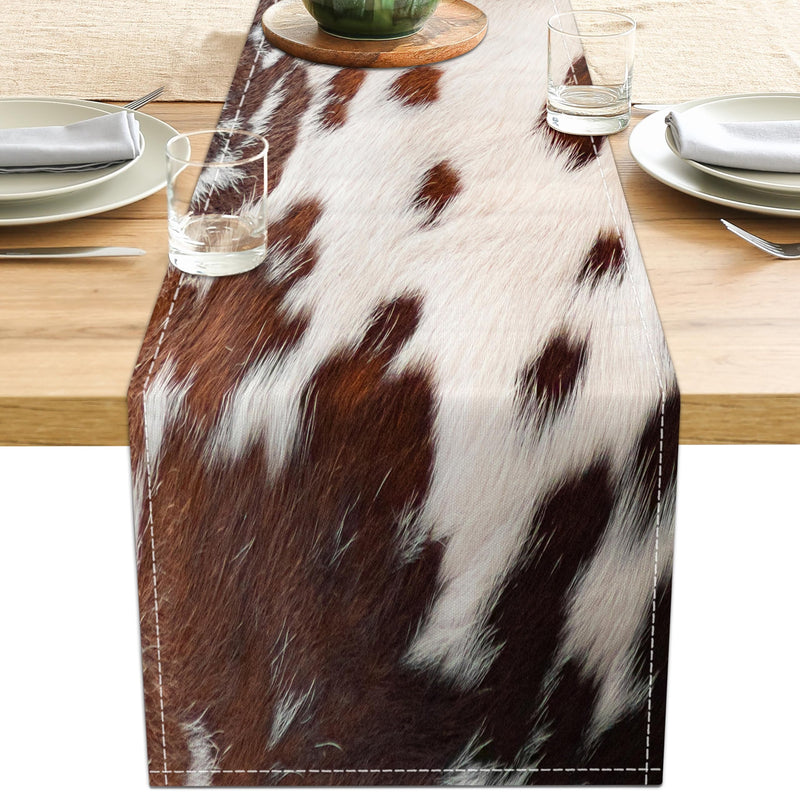 Linen Cow Print Table Runner 13X71 Inch Farmhouse Western White Brown Cowhide Runners Table Decorations Rustic Coffee Table Runner for Home