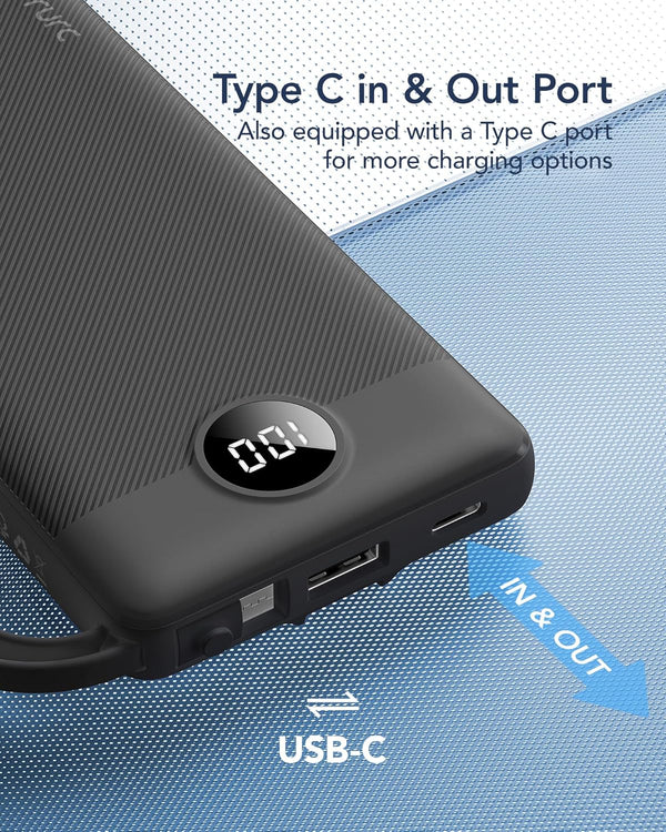 VRURC Portable Charger with Built in Cables, 10000Mah Travel Essentials Power Bank, 5 Output 2 Input LED Display External Battery Pack Compatible