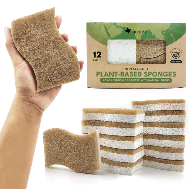 Biodegradable Natural Kitchen Sponge - Compostable Cellulose and Coconut Walnut Scrubber Sponge (12 Pack)