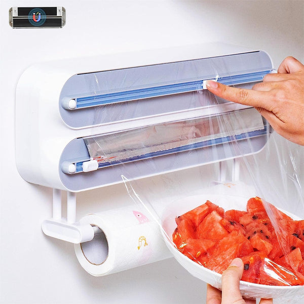 Magnetic Plastic Wrap Dispenser with Cutter - Refillable Aluminum Tin Foil and Plastic Wrap Organizer for Kitchen, Quasziwa Upgraded 3 in 1 Paper Towel Holder Wall Mount - Fits 12" Roll, White