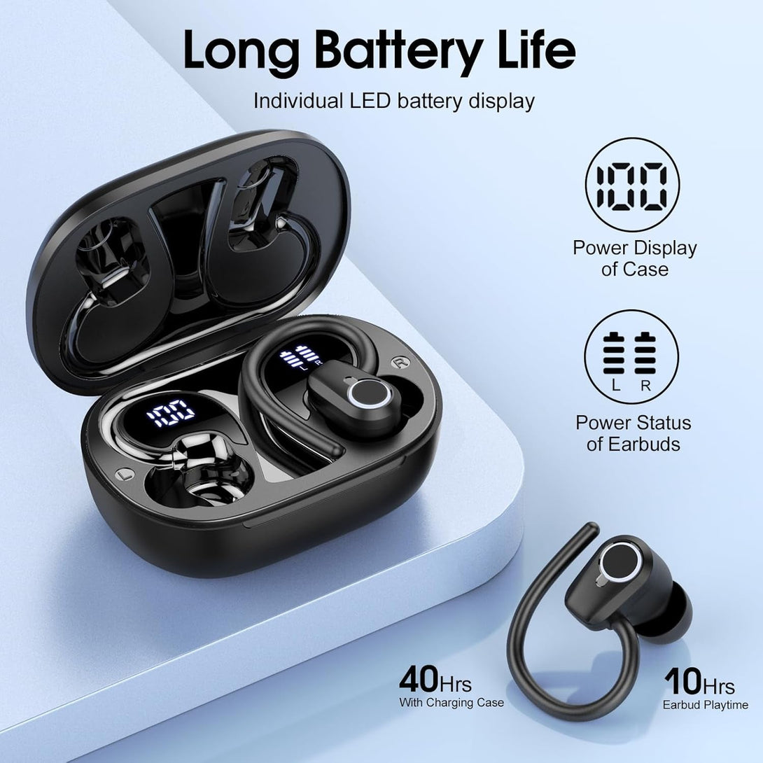 Wireless Earbuds, Sport Headphones Bluetooth 5.3, Ear Buds Wireless Earbuds Bluetooth, 50H Playtime HD Stereo Noise Cancelling Headphones, Dual LED Display IP7 Waterproof Running Earphones, Deep Black