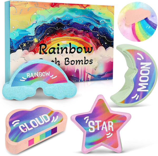 Rainbow Bath Bombs for Kids - 4 Pcs Handmade Natural Kids Bath Bombs, Organic Bubble Bath for Girls, Birthday Gifts for Kid Girl