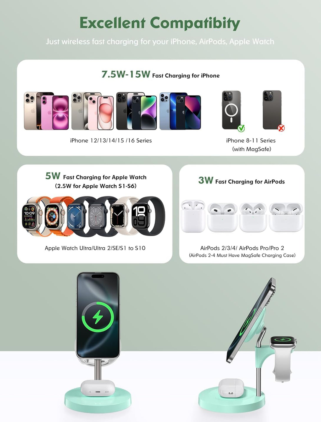 3 in 1 Wireless Charging Station for Multiple Devices Apple, 15W Fast Magnetic Mag-Safe Charger Stand for Iphone 16 15 14 13 12 Pro Max plus Mini Apple Watch Airpods Pro 4 3 2, Lightgreen