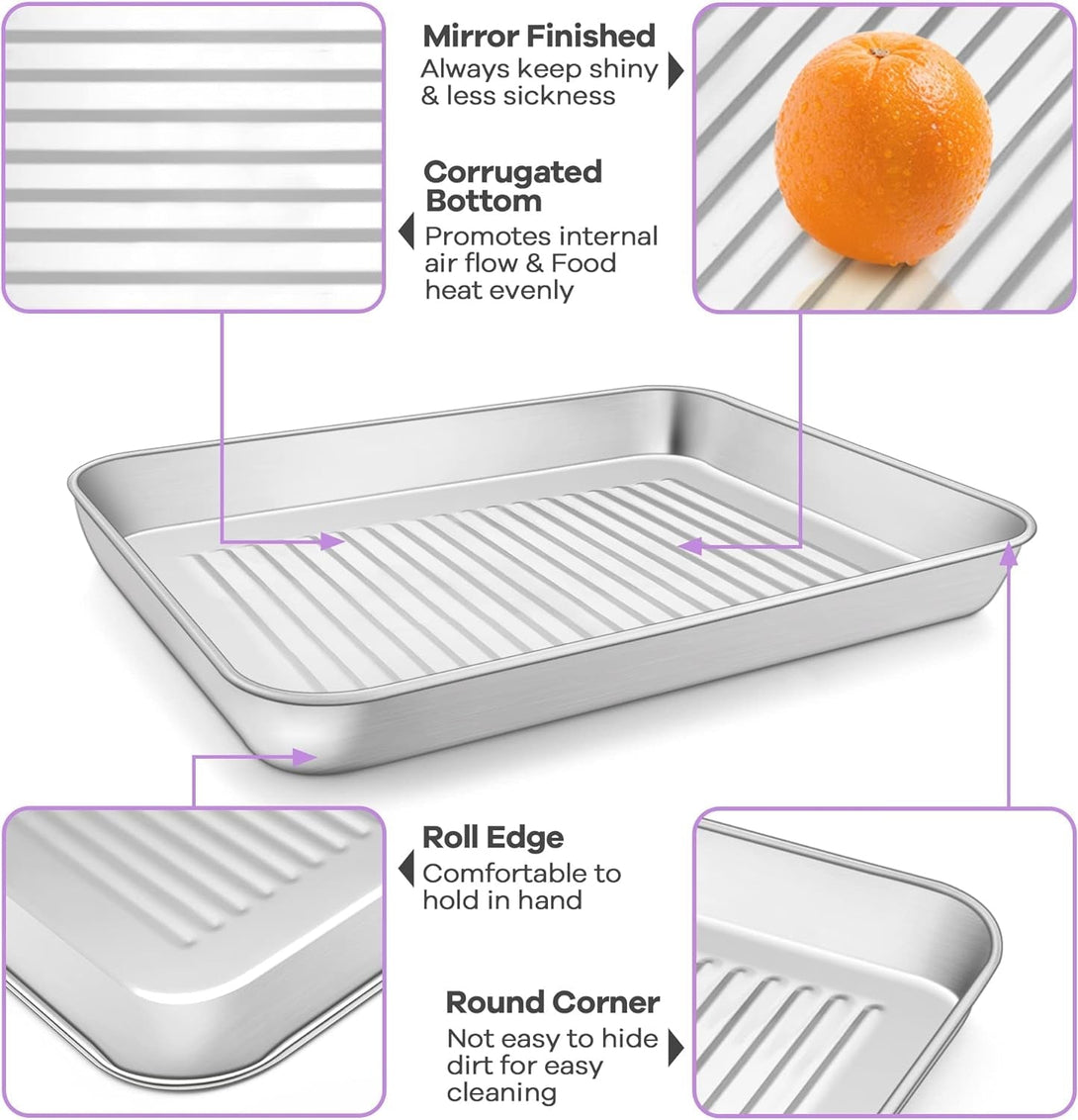 P&P CHEF Toaster Oven Pan with Wire Rack, Stainless Steel Baking Oven Sheet Tray, Bacon Pan and Cooling Rack for Cooking Roasting Cookie, Dishwasher Safe & Easy Clean, 10.5 X 8 X 1 Inch