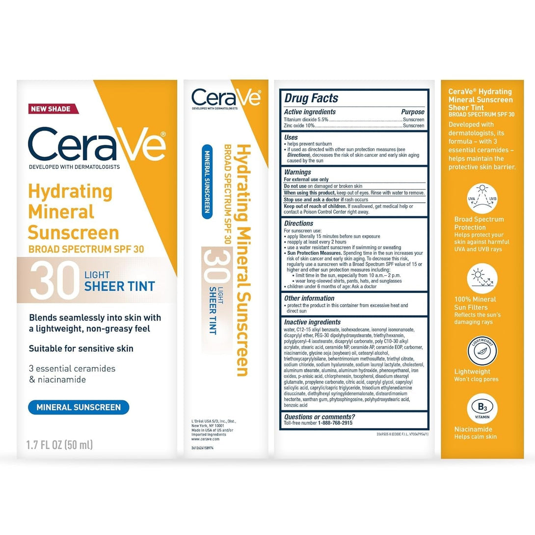 Cerave Hydrating Mineral Sunscreen SPF 30 with Sheer Tint, Tinted Mineral Sunscreen with Zinc Oxide & Titanium Dioxide, Blends Seamlessly for Healthy Glow, Light, 1.7 Oz