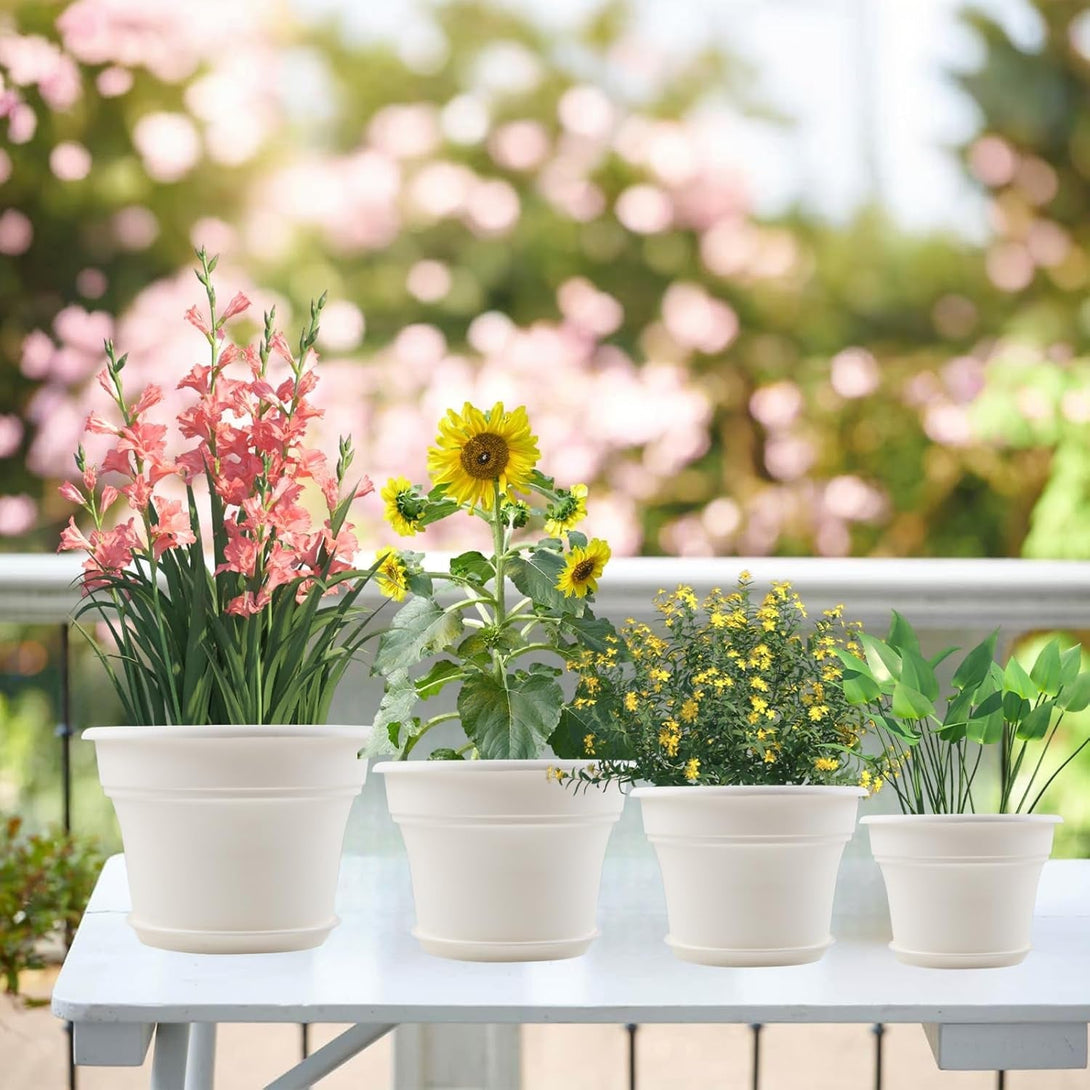 10 Inch Plastic-Flower-Pot-For-Indoor-Plants, 4 Pack Large Outdoor Planter Pot with Drainage Holes & Saucers, Resin Decorative Garden Pots Planters