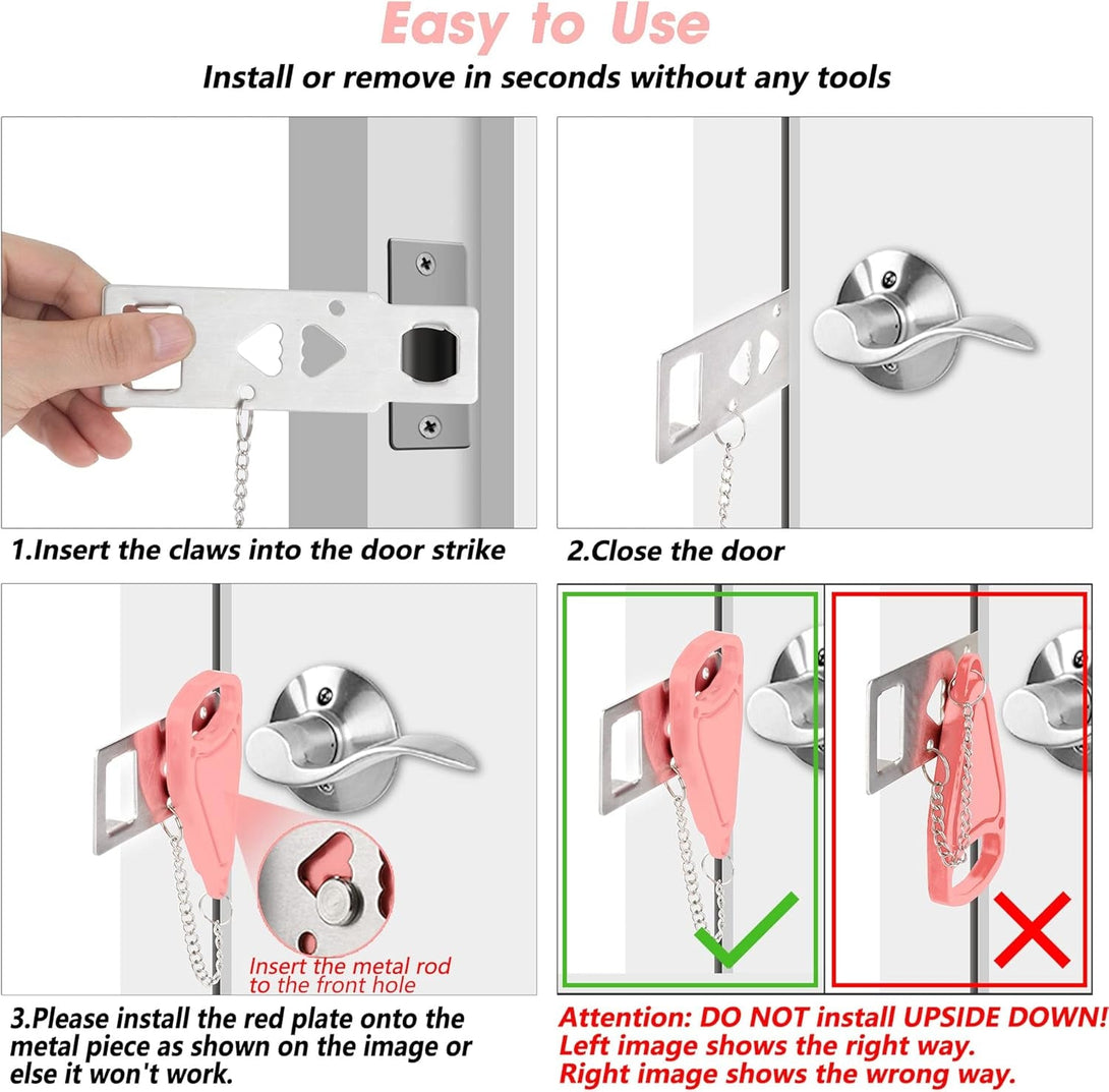 Acemining Portable Security Door Locker Travel Lockdown Locks for Additional Safety and Privacy Perfect for Traveling Hotel Home Apartment College-Pink(2 Pack)