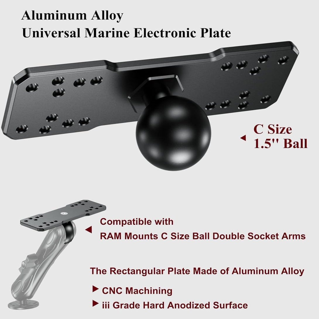 BRCOVAN 1.5'' Ball Fish Finder Mount, Aluminum Alloy Universal Marine Electronic Plate for RAM Mounts C Size 1.5 Inch Ball Double Socket Arm, Fit for Garmin, Lowrance, Humminbird, Raymarine and More