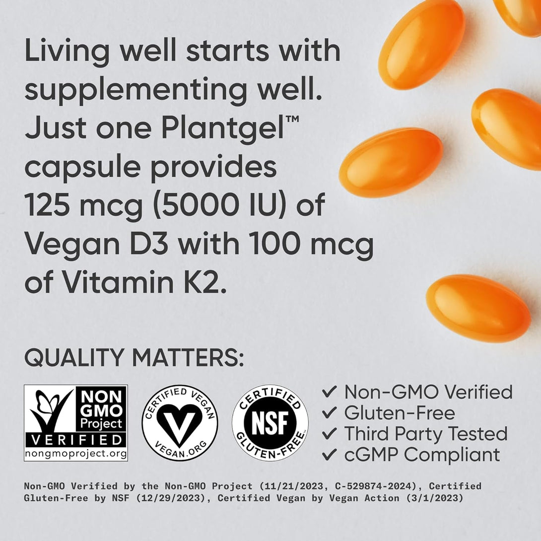 Sports Research® Vegan D3 5000Iu with Vitamin K2 100Mg - Formulated with Coconut MCT Oil - Vegan Certified, Soy & Gluten Free - 60 Softgels