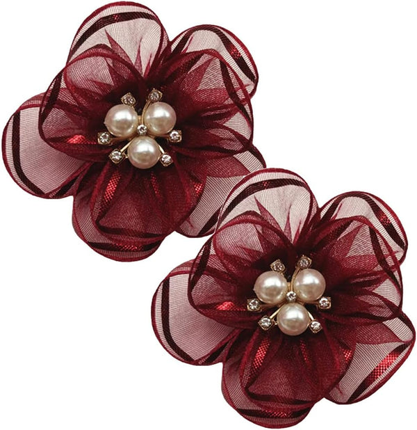 Tsangbaby 2 Pcs Pearl Flowers Shoe Clips Exquisite Rhinestone Shoes Charms Lace Floral Shoe Accessory for Wedding Pointed Toe Pumps