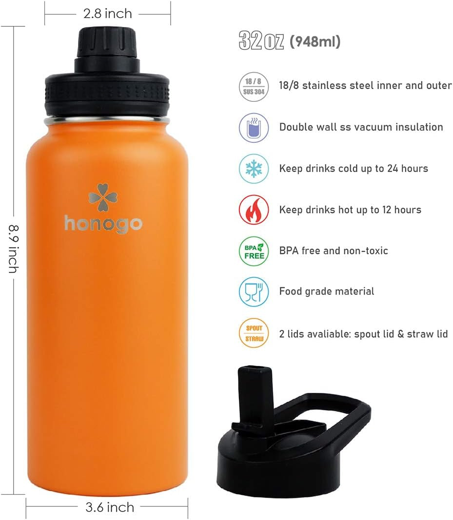 32 Oz Powder Coated Double Wall Vacuum Insulated Sports Water Bottle, 18/8 Stainless Steel Wide Mouth Thermal Flask with Straw Lid & Spout Lid, Leak Proof, Sweat Free, BPA Free (Orange, 32 Oz)