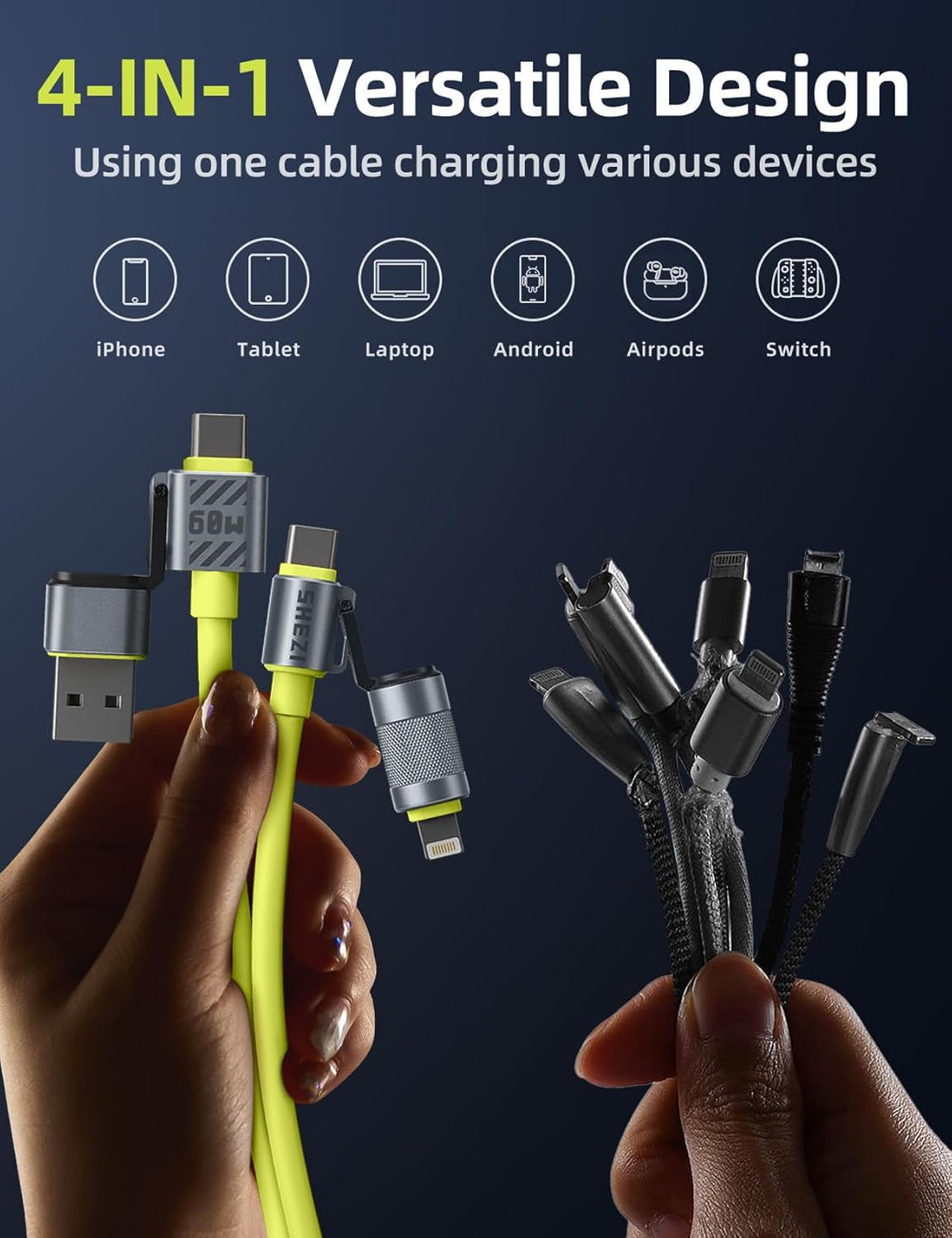 Chubby Cable 4-In-1 USB C to Lightning Cable 60W Fast Charging & Data Transfer, Support to Apple Carplay & Android Auto, Travel Multi Cord Charger Combo for Iphone/Ipad/Samsung/Macbook, 5FT Green