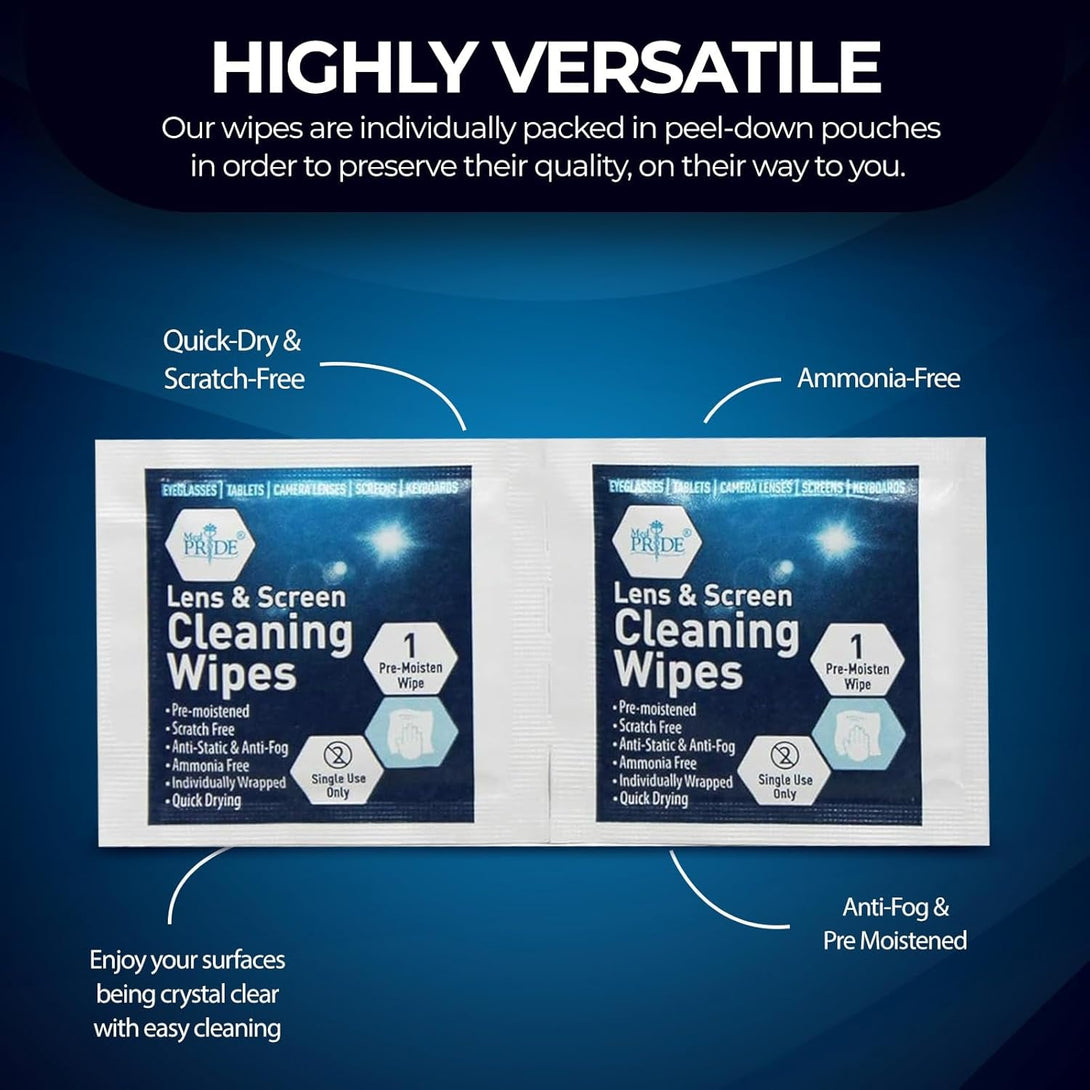 MED PRIDE 100 Pre-Moistened Anti-Fog Lens and Screen Cleaning Wipes for Eyeglasses, Touchscreens, Camera Lenses; Quick-Dry, Scratch-Free, Individually Wrapped