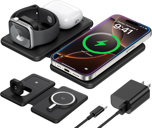 3 in 1 Charging Station for Apple,Travel Charger for Multiple Devices for Iphone,Foldable Magnetic Charger for Iphone 16 15 14 13 12 Pro Max&Airpods 4/3/Pro/Pro 2&Apple Watchï¼ˆBlackï¼‰
