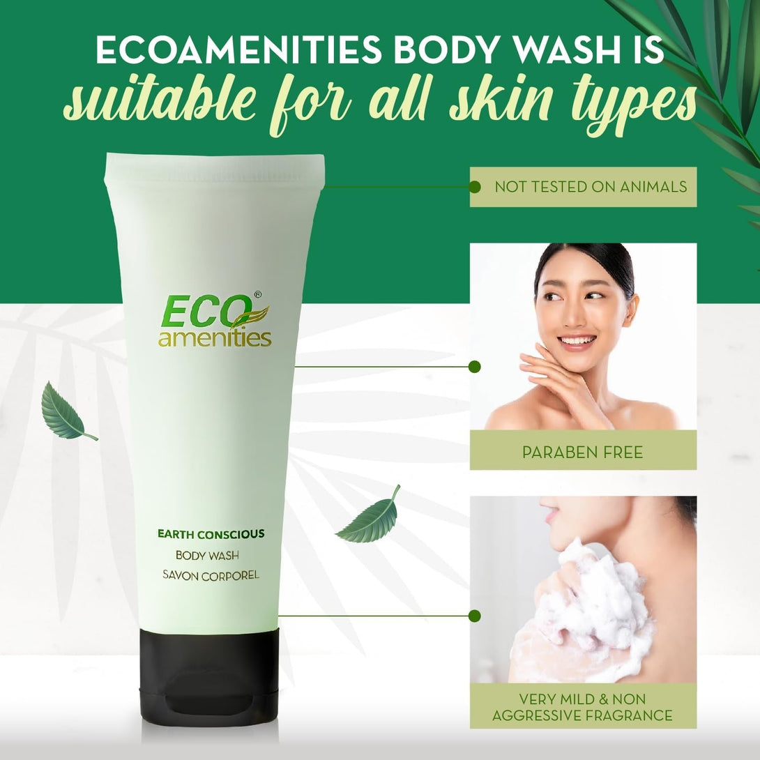 ECO Amenities Travel Size Body Wash Bulk - Hotel Supplies for Guests - Great for Vacation Rental and Airbnb Toiletries - Body Wash for Men & Women - Green Tea Scent - 72 Pack, 0.75 Fl Oz (22Ml) Tubes