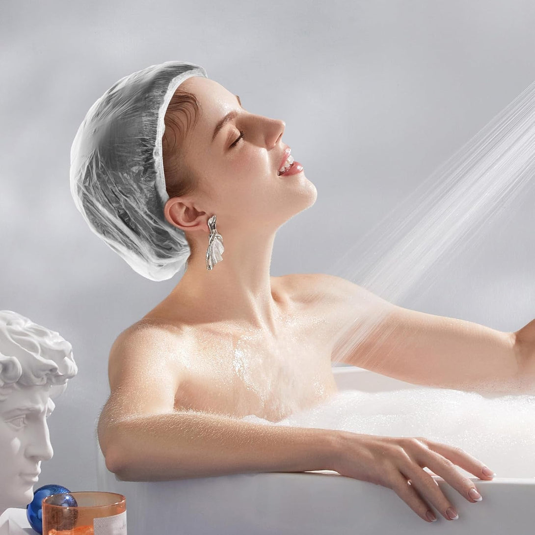 100PCS Disposable Shower Caps, Bath Caps Larger Thick Clear Waterproof Plastic Elastic Hair Shower Cap Treatment Hotel Travel Essentials Accessories for Women Deep Conditioning Hair Care