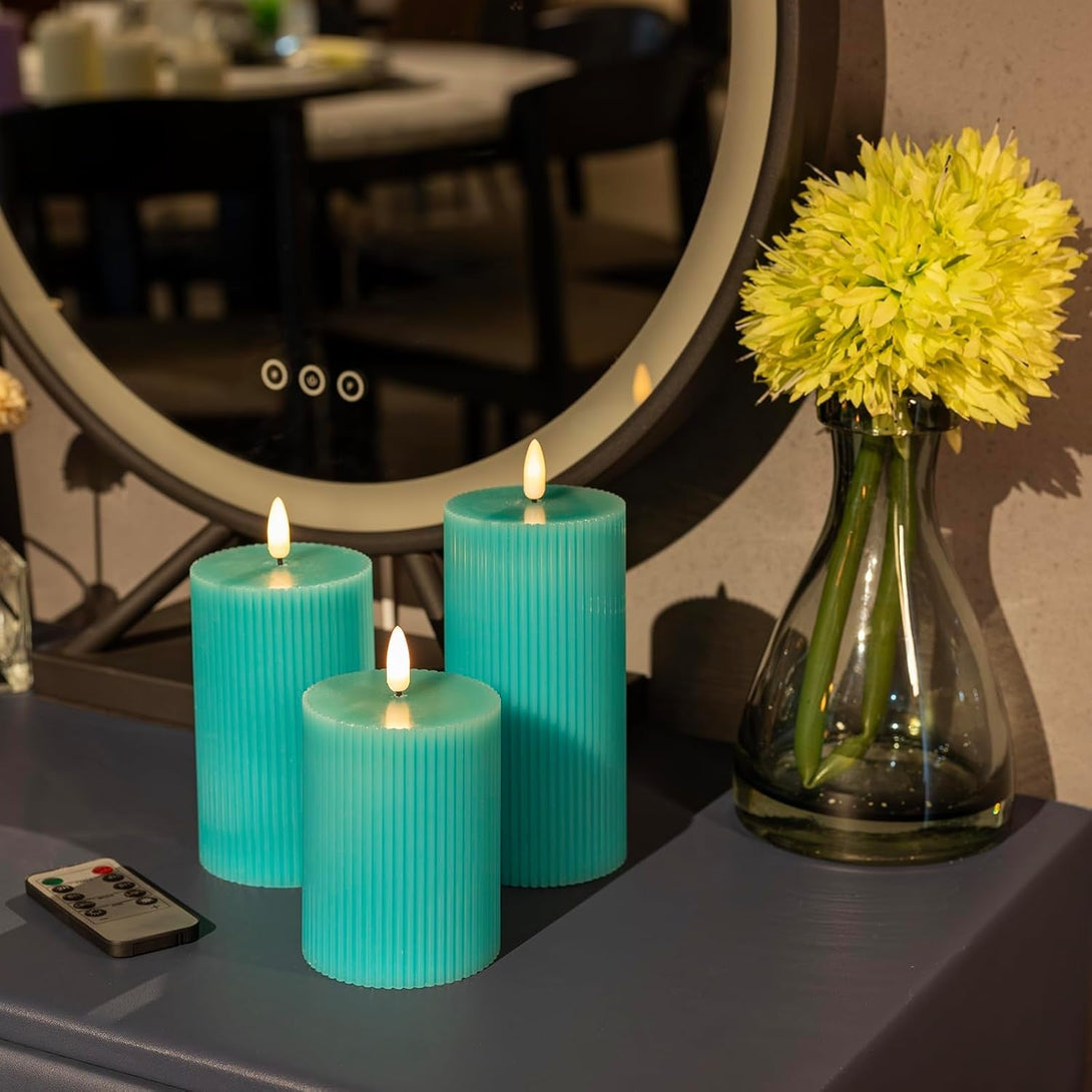 ANGELLOONG Teal Flameless Candles with Remote, Battery Operated LED Candles with Timer, Set of 3, Real Wax Fake Pillar Candles for Bathroom Living Room Summer Wedding Deocr