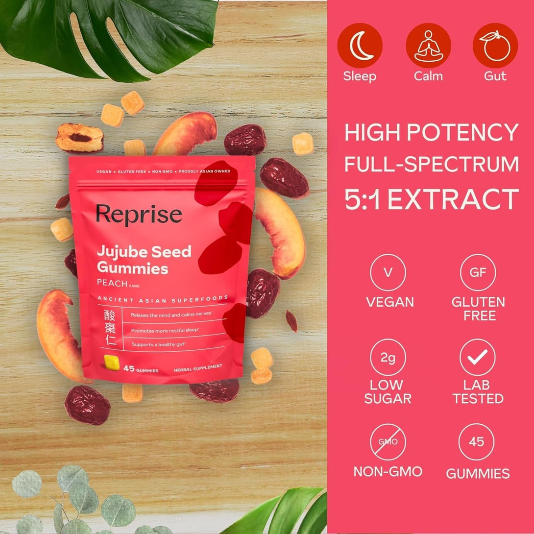 Jujube Seeds in Daily Gummies, 300 Mg Full-Spectrum Jujube Seeds, Supports Relaxation & Restful Sleep, 100% Plant Based Vegan & Gelatin Free, Peach Flavored, 45 Gummies