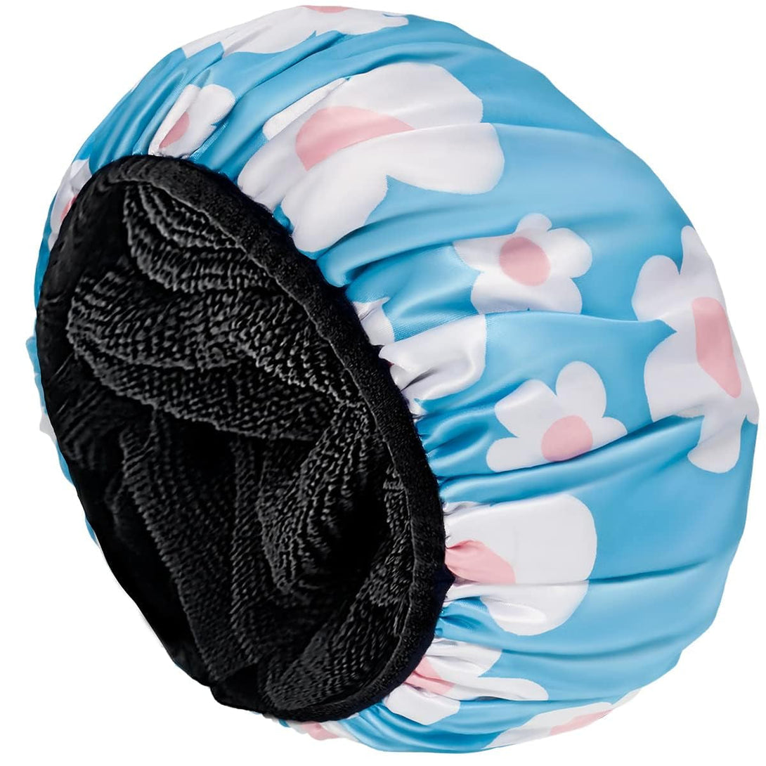 Aquior Shower Cap,Extra Large Triple Layer Bathing Cap with Dry Hair Function for Women Microfiber Terry Cloth Silky Satin 100% Waterproof Reusable Long Hair Bath Caps (Light Blue Flora)
