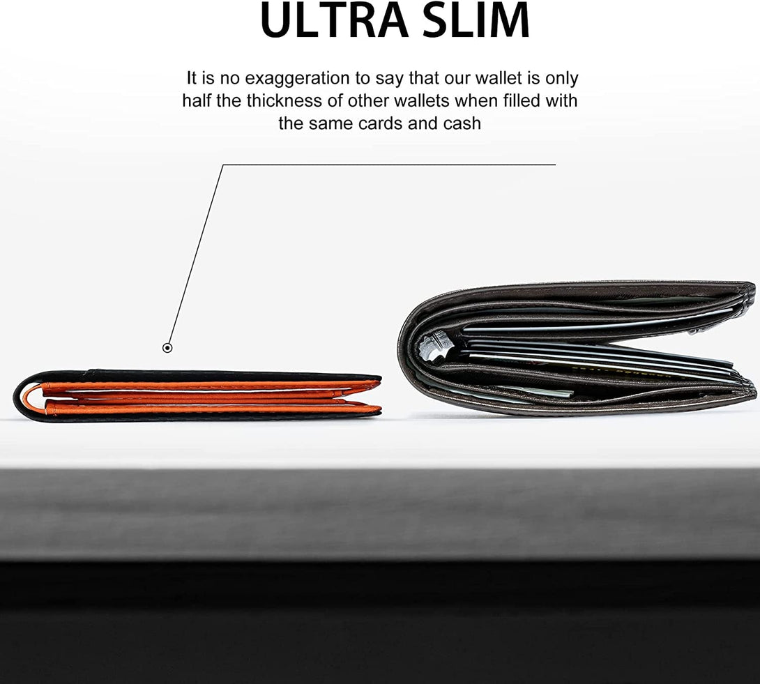 GSOIAX Mens Slim Wallet for Men Minimalist Genuine Leather Carbon Fiber Rfid Blocking Bifold Credit Card Holder with Gift Box (Carbon Black and Orange)