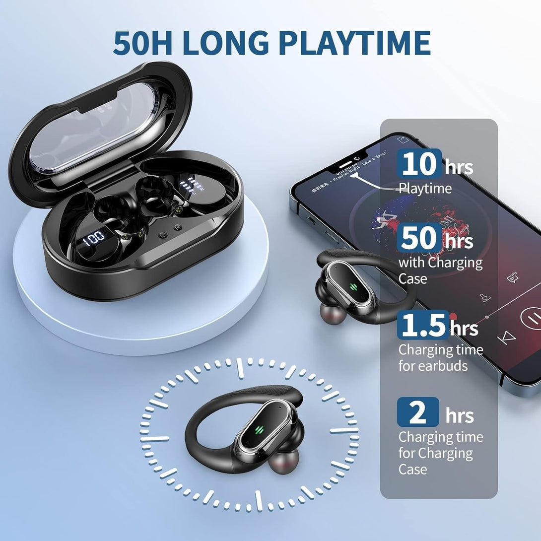 Wireless Earbuds, 2025 Bluetooth 5.4 Headphones Sport, Bluetooth Earbuds with ENC Noise Canceling Mic, 75H Stereo Wireless Headphones IP7 Waterproof with Earhooks, Dual LED Display for Workout/Running