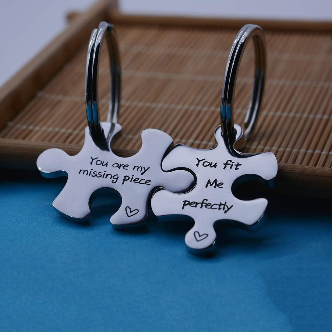 Valentine'S Day His and Hers Puzzle Piece Pendant Necklace Keychain Set Personalized Couples Stamped Chain Keyring