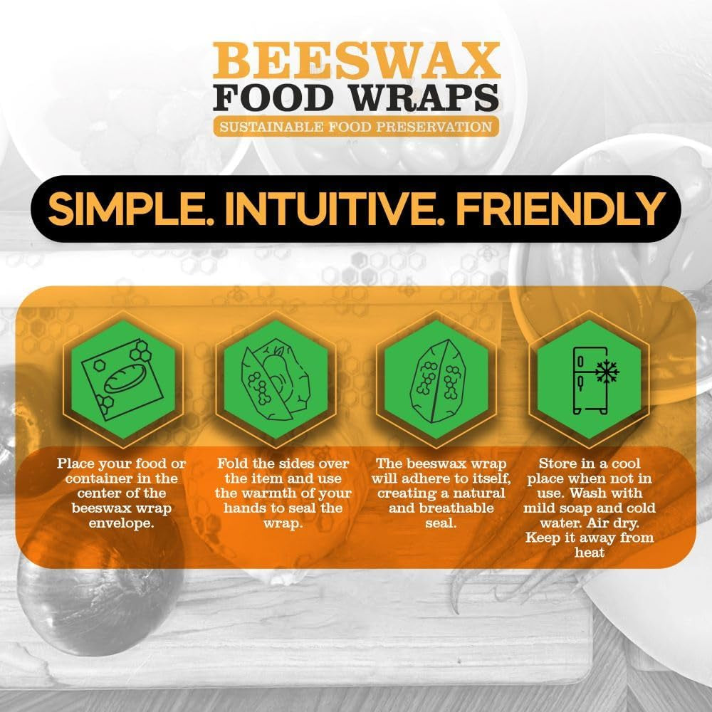 PURE & SUSTAINABLE COMPANY Beeswax Wraps - Food Storage -Pack of 3– Sustainable – Reusable - Certified Organic Cotton Size S,M,L