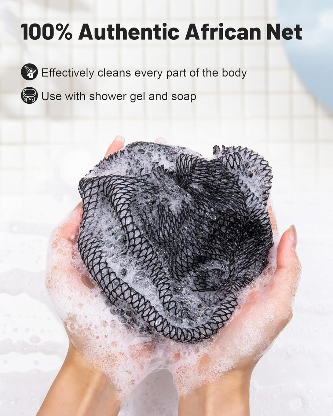 African Net Sponge 2 Pack, Back Scrubber for Shower, XL 80CM Exfoliating Washcloth, African Net Sponge Authentic, Body Scrubber Exfoliator Bath Accessories (Black,Ochre)