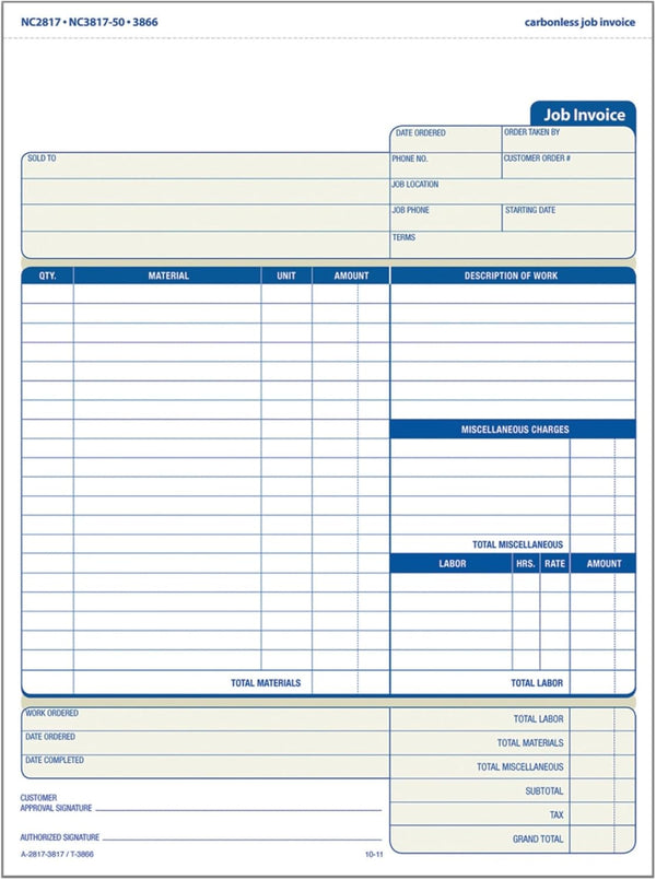 Adams Job Invoice Forms, 2-Part Carbonless, for Service and Repair Billing, 100 Individual Sets per Pack (NC2817), White, 8-1/2 X 11Inches