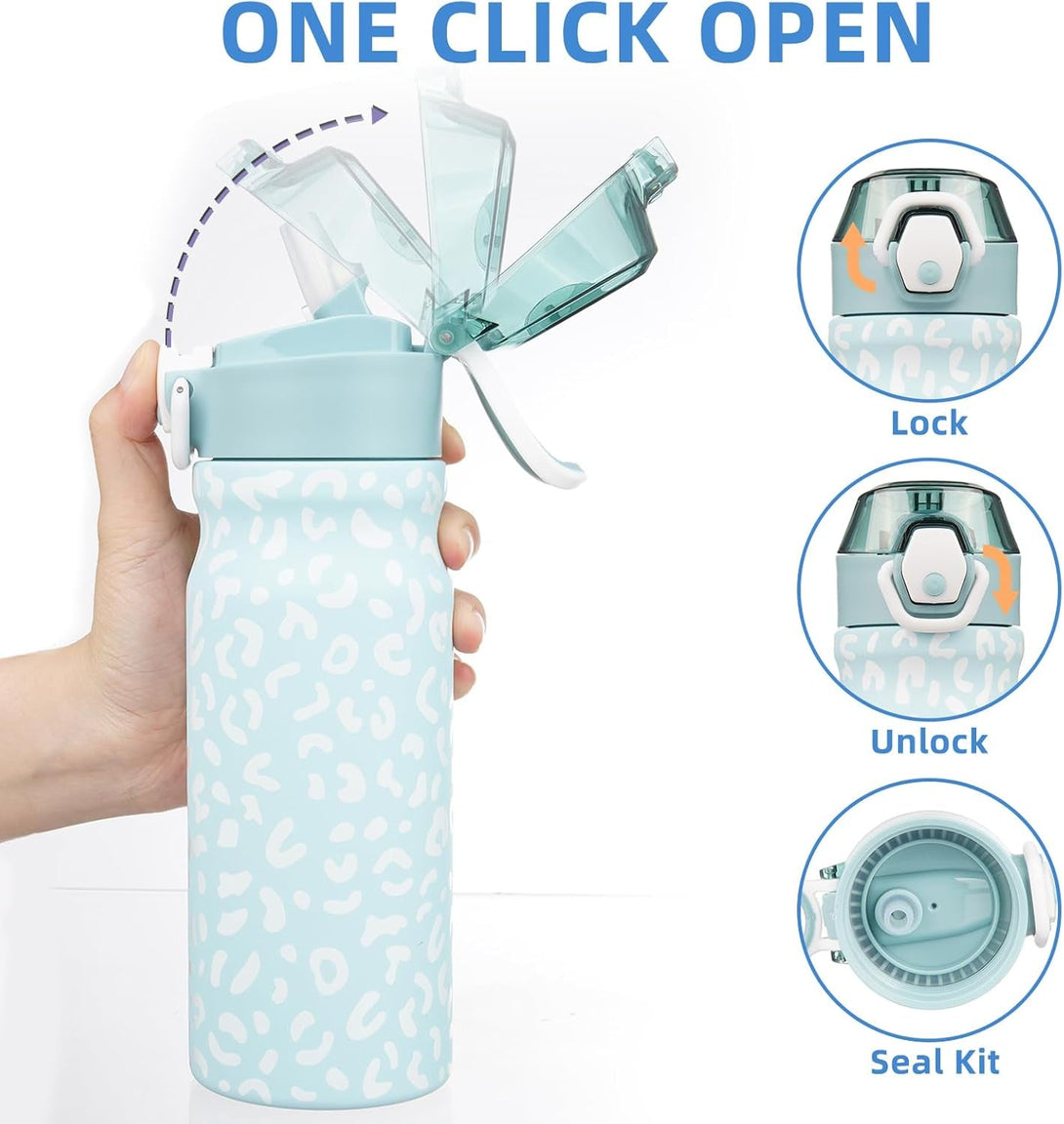BJPKPK Insulated Water Bottle 18Oz Stainless Steel Water Bottles with Straw and Carry Handle Double Wall Metal Thermos,Light Blue Leopard