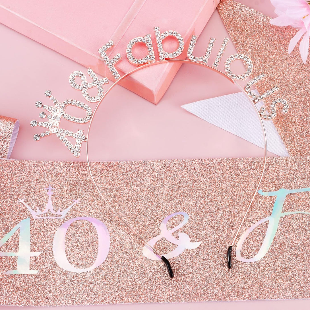 Supoo Rose Gold 40Th Birthday Sash and Headband 40Th Birthday Decorations for Women 40Th Birthday Crown Tiara 40Th Birthday Gifts for Her 40 and Fabulous 40 Year Old Party Decorations