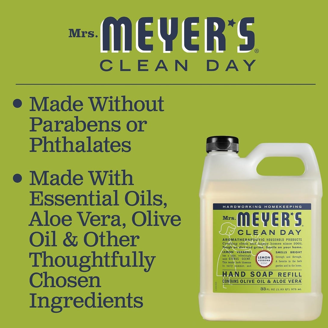 MRS. MEYER'S CLEAN DAY Liquid Hand Soap Refill, Cruelty Free and Biodegradable Formula, Lemon Verbena Scent, 33 Oz
