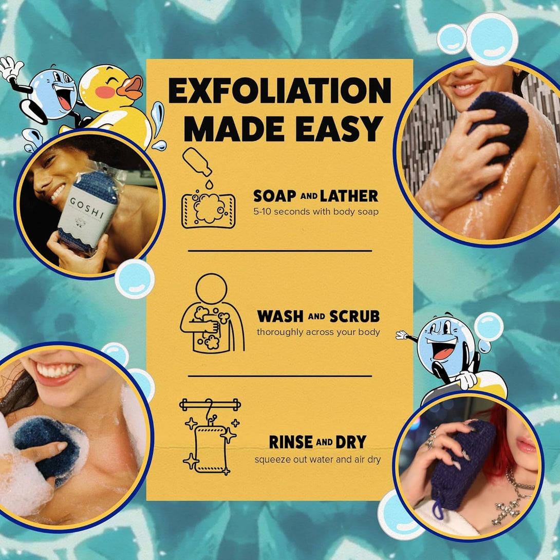 GOSHI Exfoliating Shower Sponge - Rip-Resistant, Rapid-Drying Exfoliating Bath Sponge for All Skin Types - Indigo Blue - Made in Japan