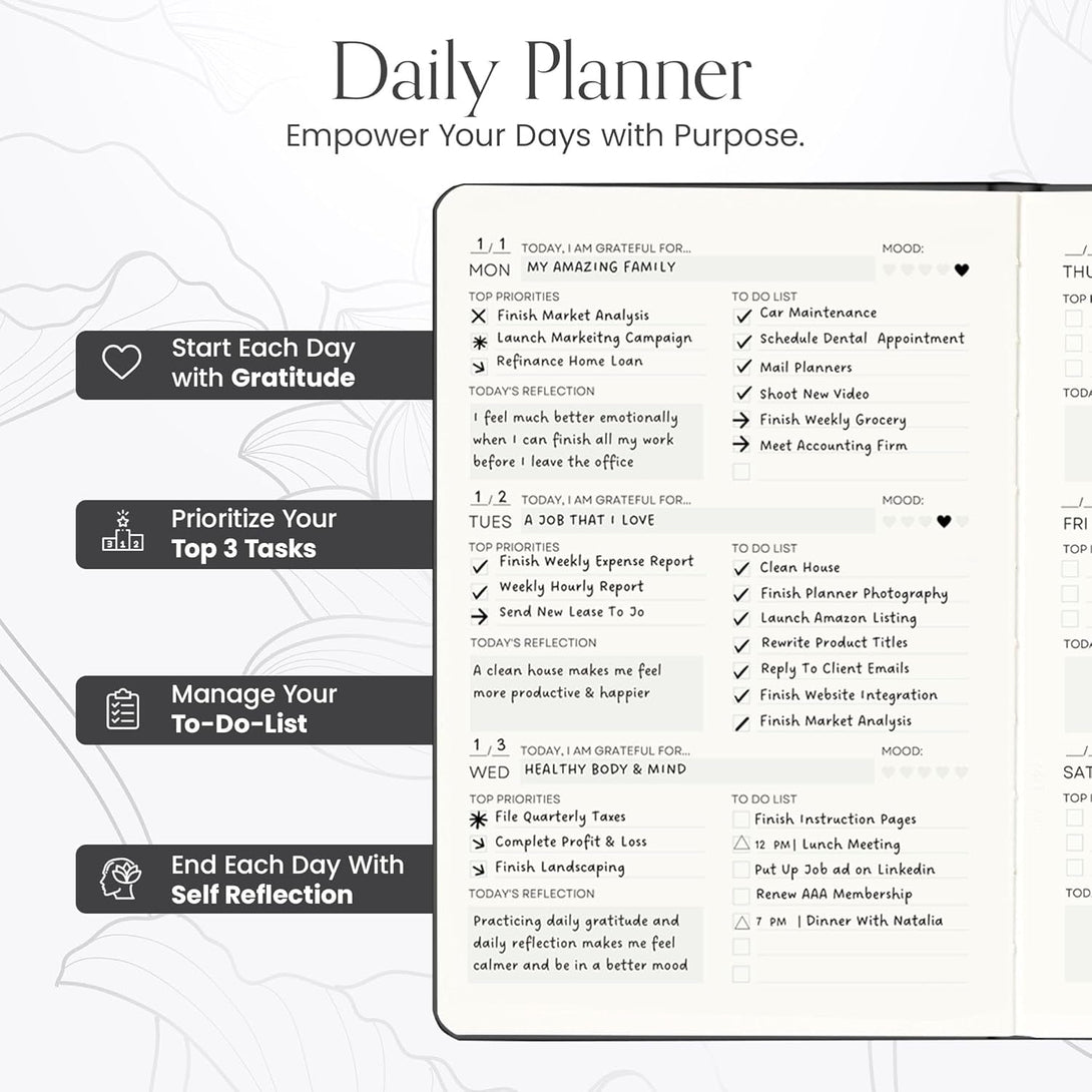 2025 Planner, Daily Journal & Gratitude Journal All-In-One with to Do List, Self Care Prompts & Habit Tracker - 5.8 X 8.3 - Black
