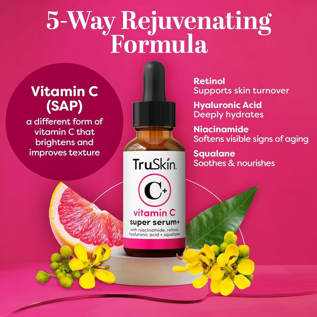 Truskin Vitamin C Super Serum - Niacinamide, Retinol, Hyaluronic & Salicylic Acid - All-In-One anti Aging Serum for Face – Improve Appearance of Dark Spots, Firmness for Brighter Looking Skin, 2 Fl Oz