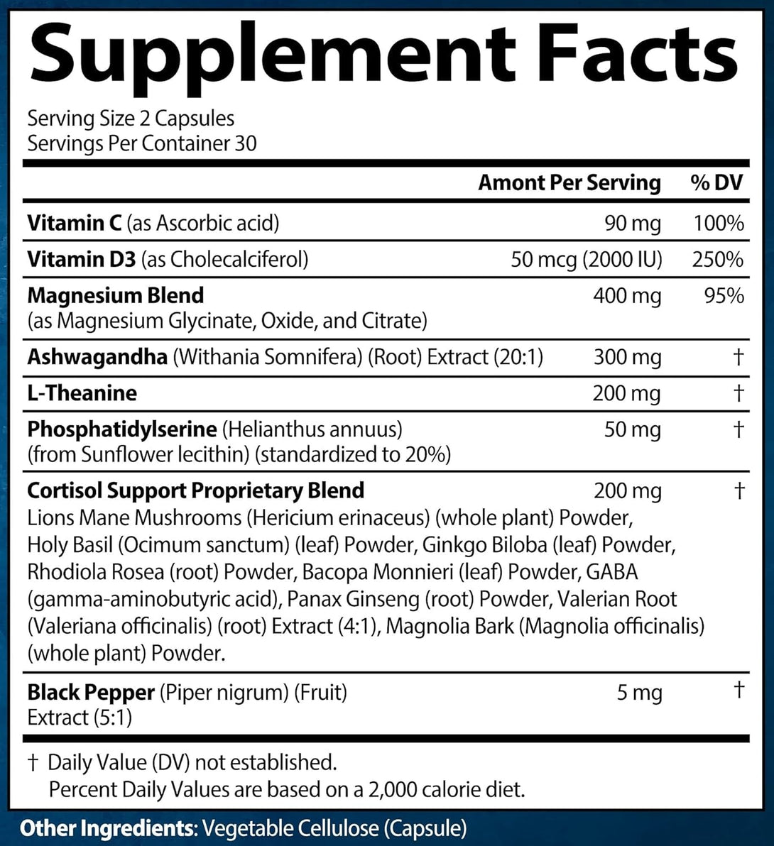 Cortisol Supplements for Women and Men with Magnesium, Ashwagandha & L-Theanine. High Cortisol Reducer, Manager, Detox, Lower and Control. Sleep Support & Stress Relief, USA