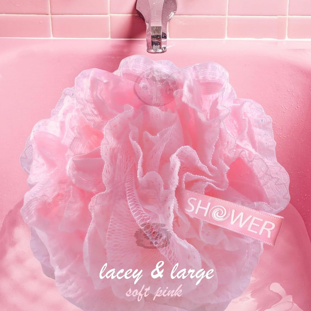 Loofah-Bath-Sponge Lace-Mesh-Set // 2-Scrubs-In-1 by Shower Bouquet/Large Full 60G Pouf (4 Pack Spa Colors) Body Luffa Loofa Loufa Puff - Exfoliate, Cleanse Skin with Luxurious Bathing Accessories