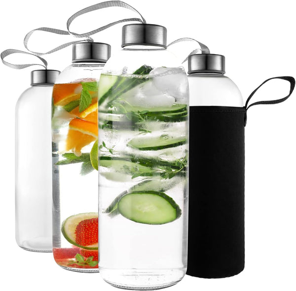 32 Oz Glass Water Bottle Set of 4 - Reusable, Eco-Friendly, Airtight, Leak Proof Bottles for Travel