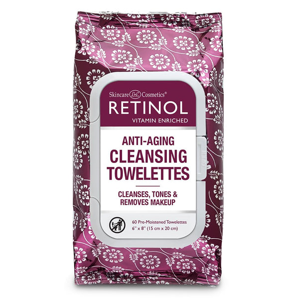 Retinol Anti-Aging Cleansing Towelettes – All-In-One Cleanser, Toner & Makeup Remover in a Convenient Pre-Moistened Wipe – On-The-Go Exfoliating, Toning & Hydrating Leaves Skin Clean, Fresh & Refined