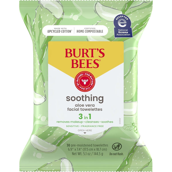 Burt'S Bees, Aloe Vera Face Wipes, for Sensitive Skin, Soothing Makeup Remover & Facial Cleansing Towelettes, 30 Count (1 Pack)