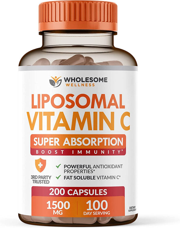 Wholesome Wellness Liposomal Vitamin C Capsules (200 Pills 1500Mg Buffered) High Absorption, Immune System & Collagen Booster, High Dose Fat Soluble Immunity Support Ascorbic Acid, Natural Vegan