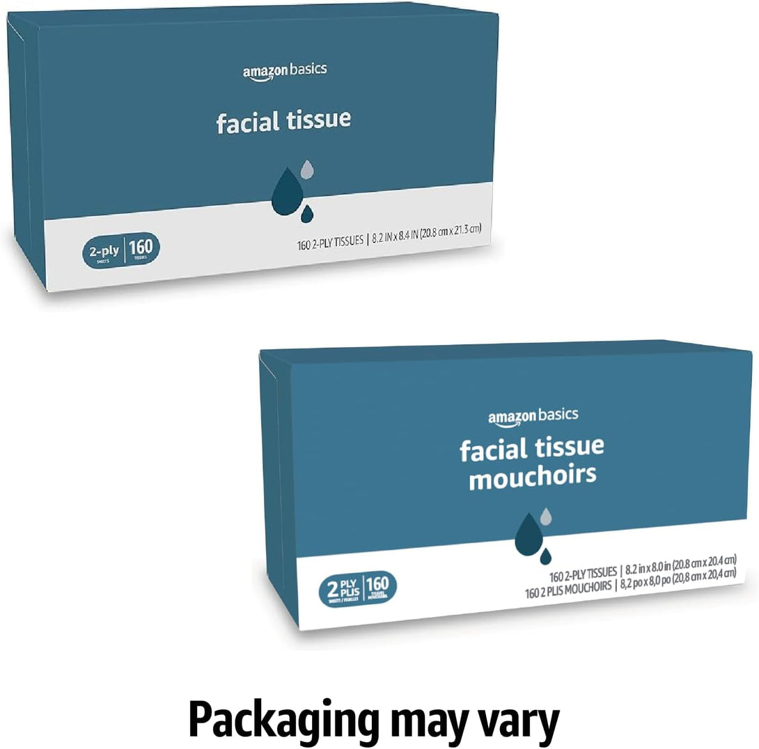 Amazon Basics Facial Tissue, 2-Ply, 160 Tissues per Box, 4 Boxes (640 Total) (Previously Solimo)