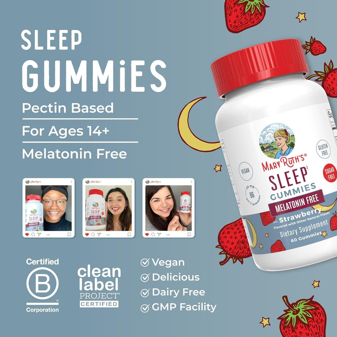 Maryruth Organics Sleep Gummies | Sugar Free | NO Melatonin | L Theanine | Lemon Balm Leaf | Chamomile | Vitamin B6 | Relaxation & Sleep Support | Stress Relief | Vegan | Gluten Free | 60 Count