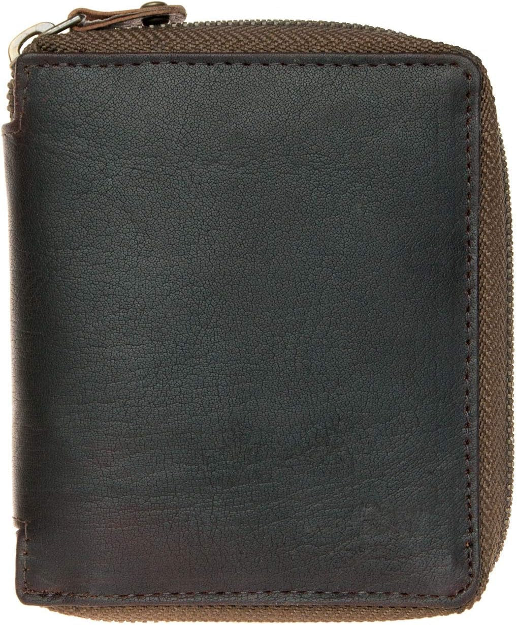FLW Small Strong Oiled Genuine Leather Wallet with Metal Zipper around without Logos