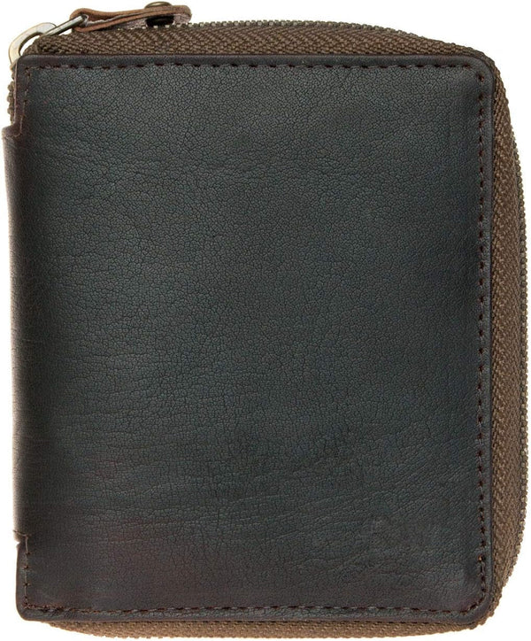FLW Small Strong Oiled Genuine Leather Wallet with Metal Zipper around without Logos