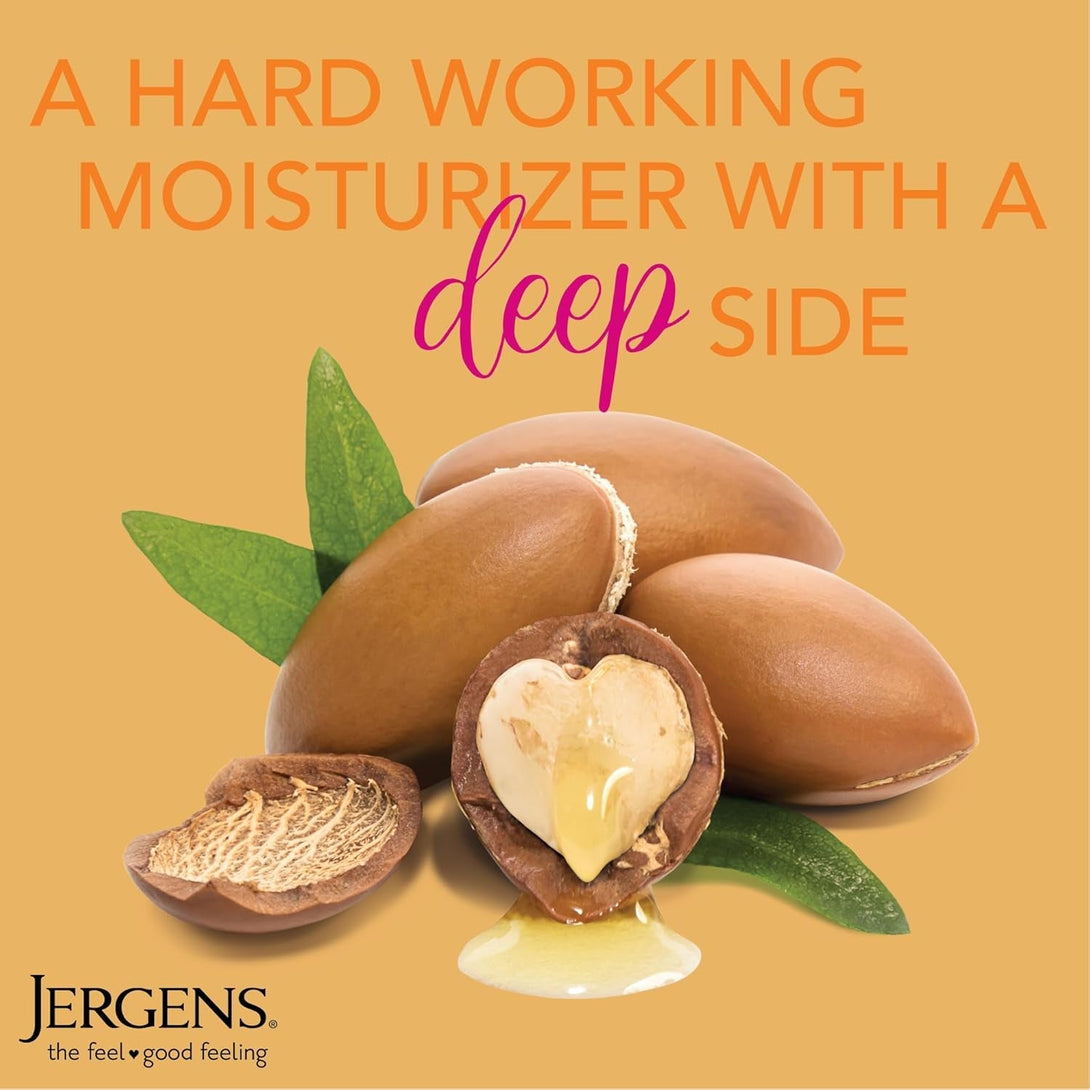 Jergens Deep Restoring Argan Oil Moisturizer, Soothing Body and Hand Lotion with Reviving Argan Oil and Vitamin E, Oil-Infused, Dermatologist Tested, 16.8 Oz